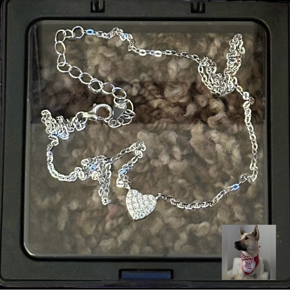 NECKLACE 925 STERLING SILVER HEART PAVE CZ ADJUSTABLE 16”